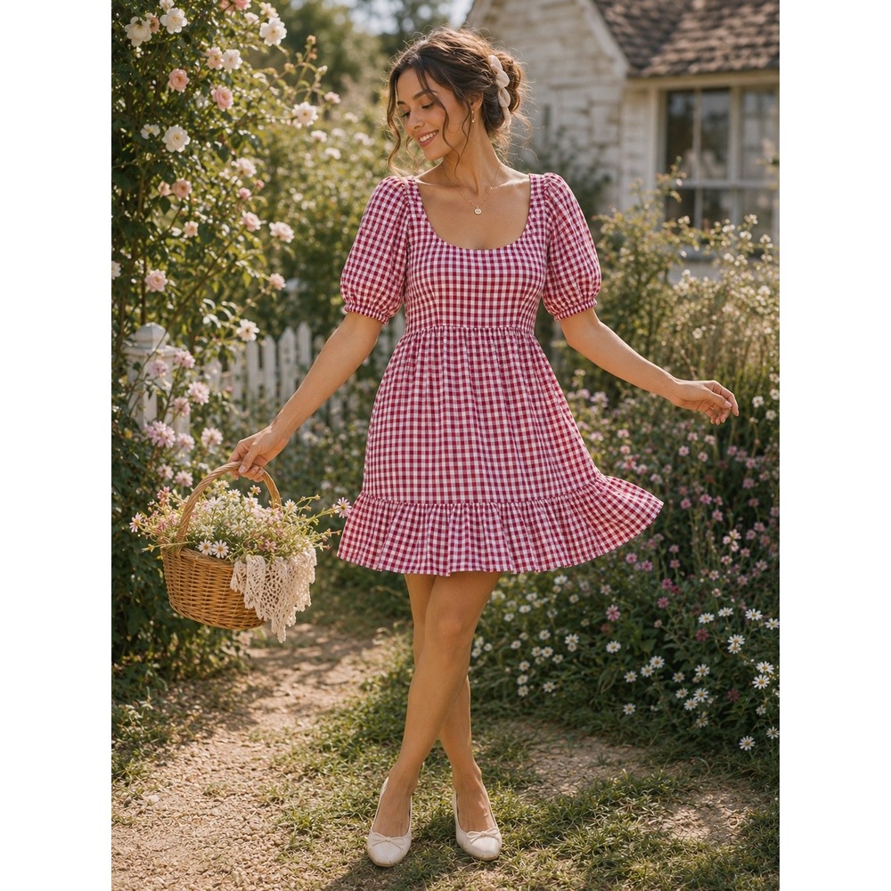 Loft Cottagecore Gingham Puff Sleeve Tiered Dress Red 10 Picnic Euro Summer